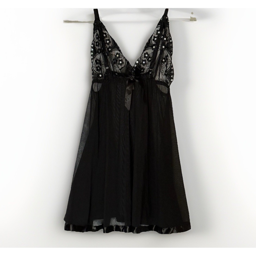 Y2K Vintage Slip Dress Medium Black‎ Sheer Mesh Sequin Babydoll Chemise Lingerie